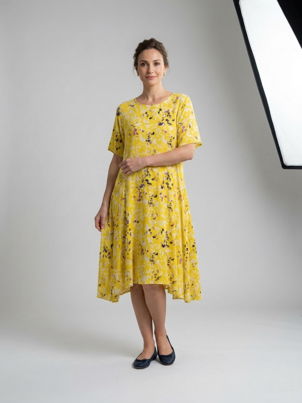 Woman Within Yellow Floral Short-Sleeve Midi Dress